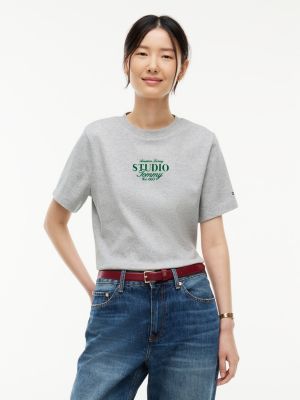 grey logo interlock knit crew neck t-shirt for women tommy hilfiger