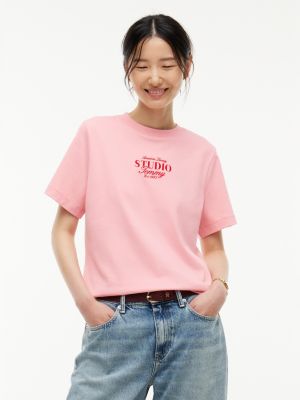 pink logo interlock knit crew neck t-shirt for women tommy hilfiger