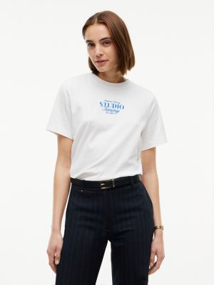 white logo interlock knit crew neck t-shirt for women tommy hilfiger