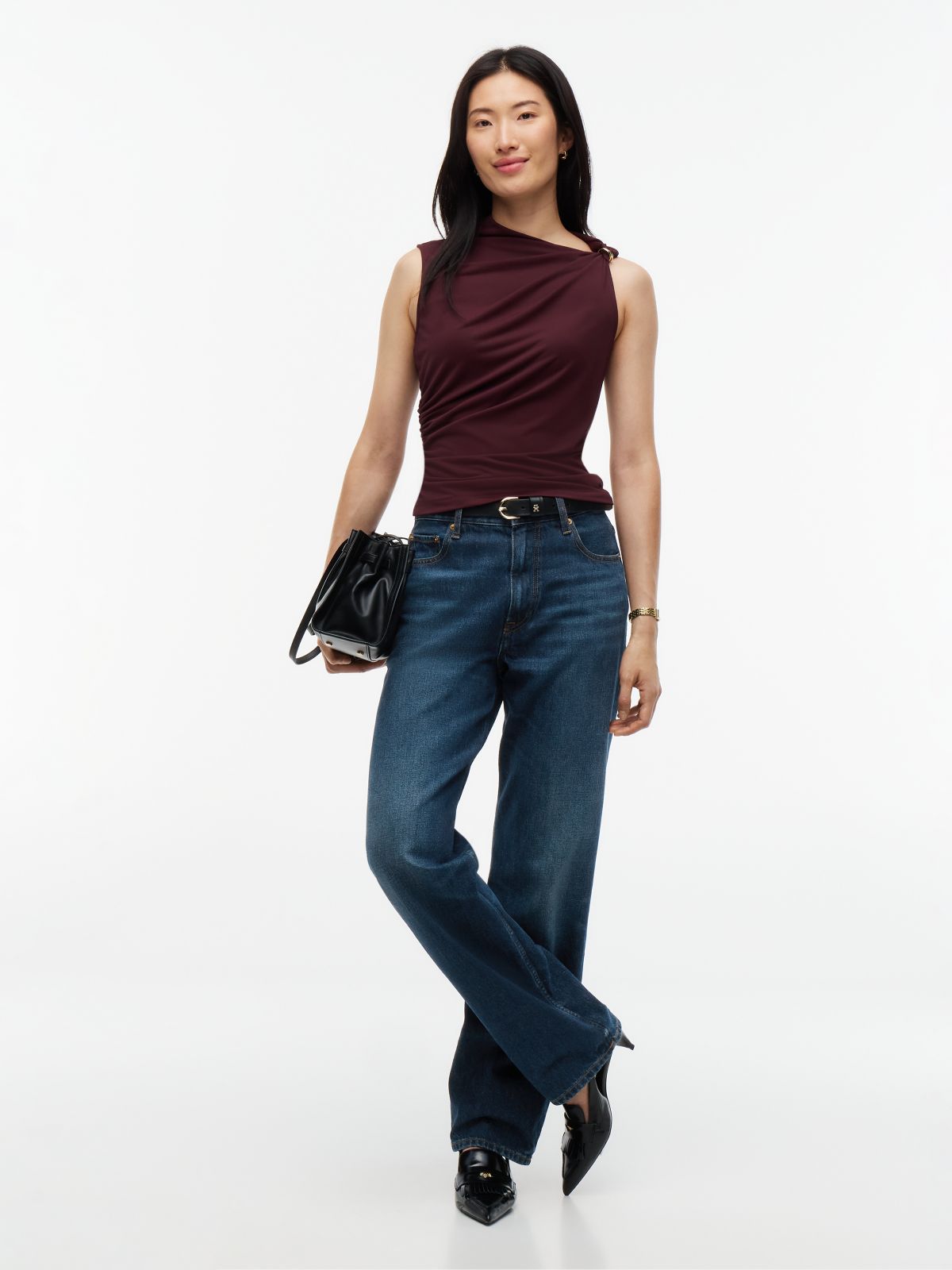 Crepe Slim Twist Sleeveless Top — Red