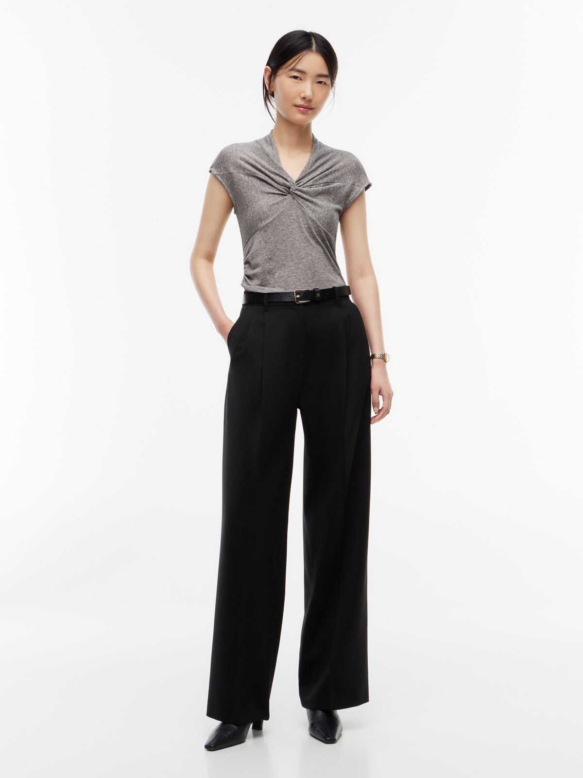 V-Neck Knot Front Cap Sleeve Top — Grey