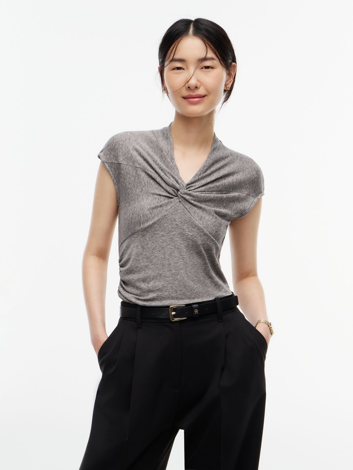 V-Neck Knot Front Cap Sleeve Top — Grey