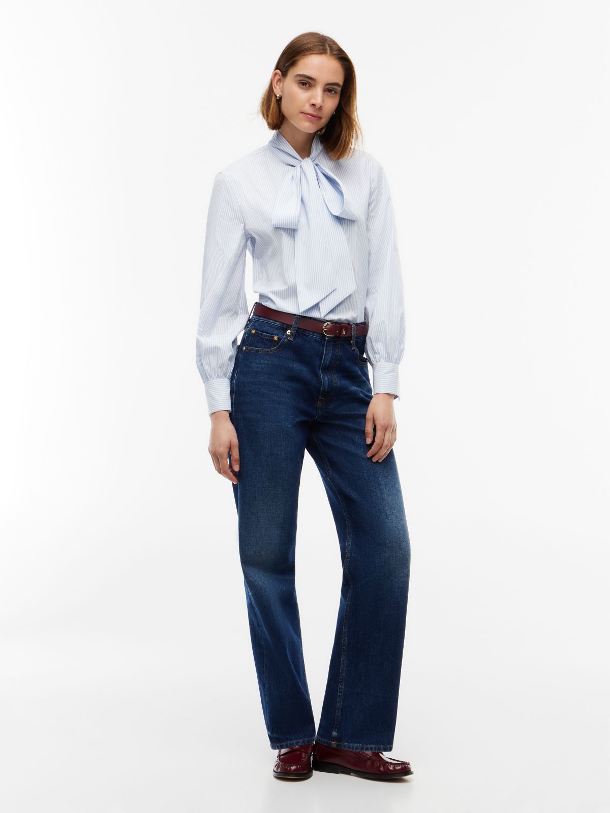 Tie Neck Logo Embroidery Poplin Shirt — White
