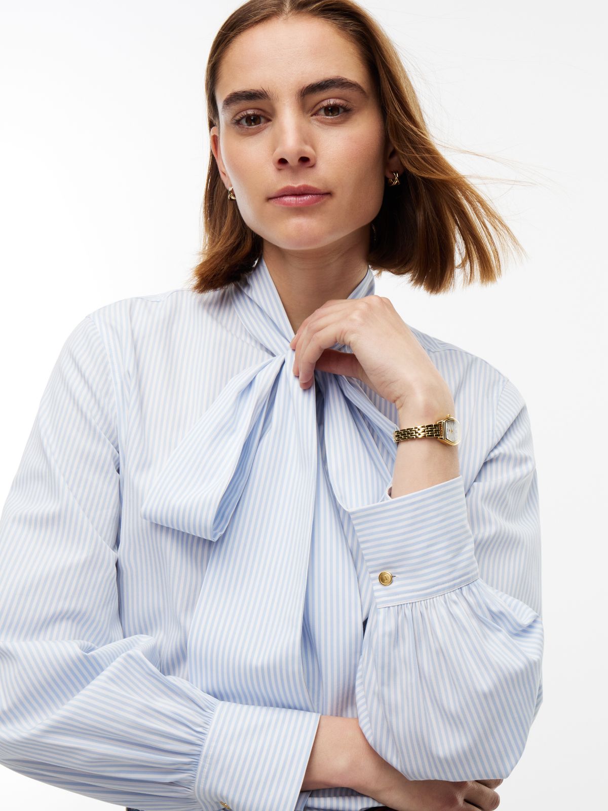 Tie Neck Logo Embroidery Poplin Shirt — White