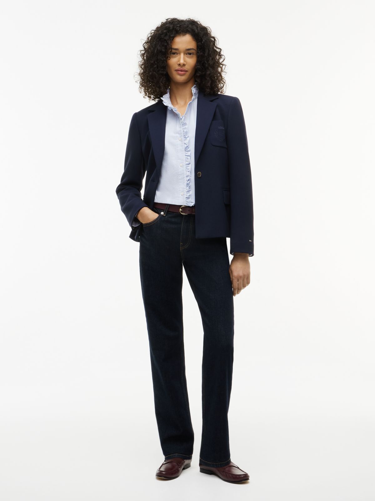 Ruffle Collar Yarn Dyed Oxford Shirt — Blue