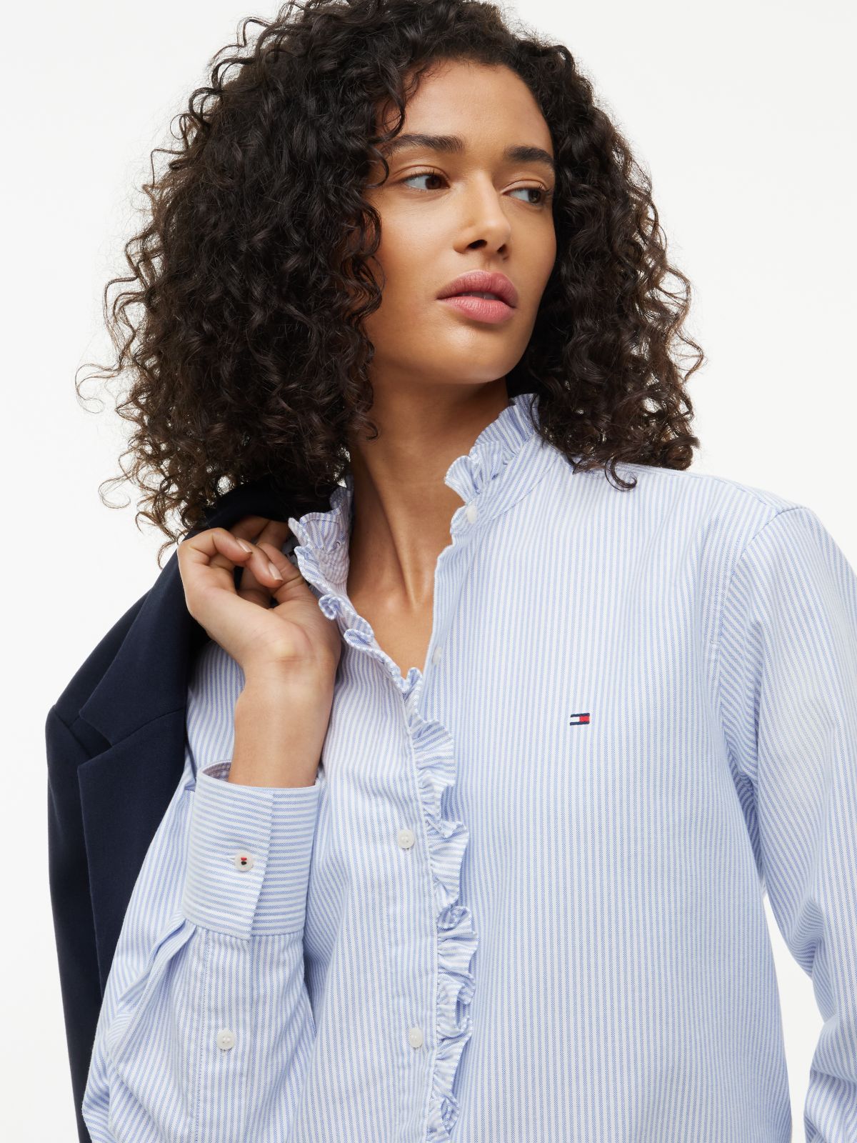 Ruffle Collar Yarn Dyed Oxford Shirt — Blue