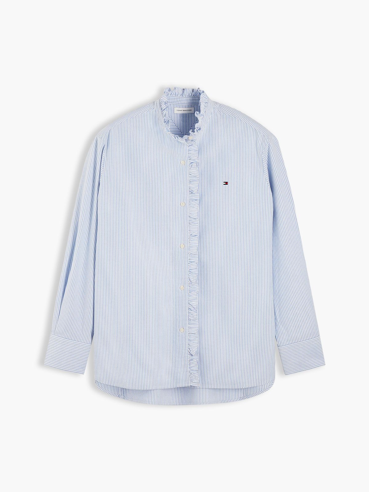 Ruffle Collar Yarn Dyed Oxford Shirt — Blue