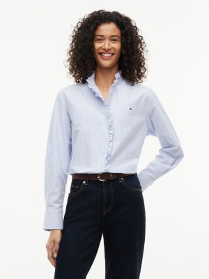chemise oxford en fil tissé teint col à volant blue pour femmes tommy hilfiger