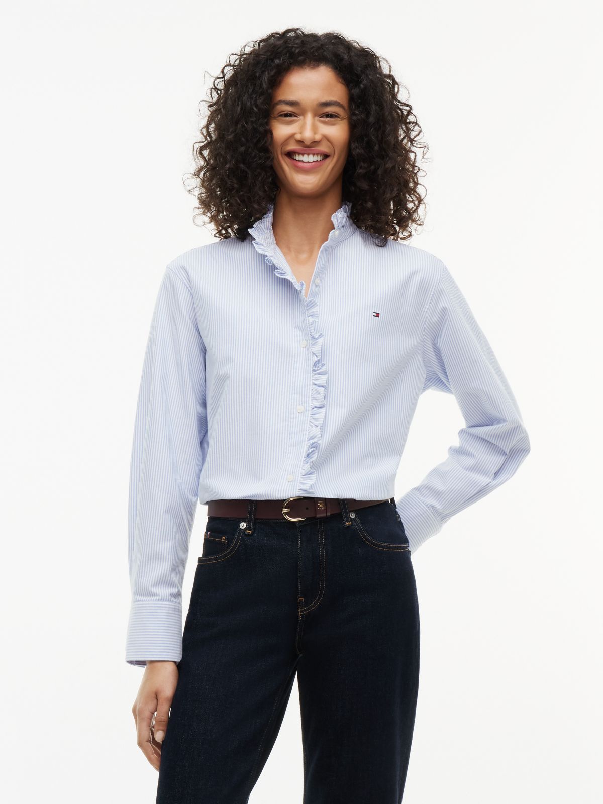 Ruffle Collar Yarn Dyed Oxford Shirt — Blue