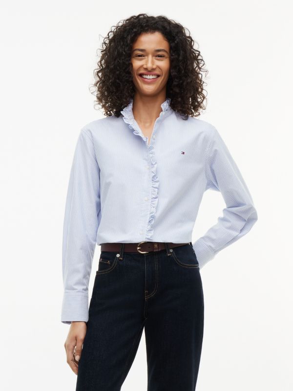 Ruffle Collar Yarn Dyed Oxford Shirt — Blue