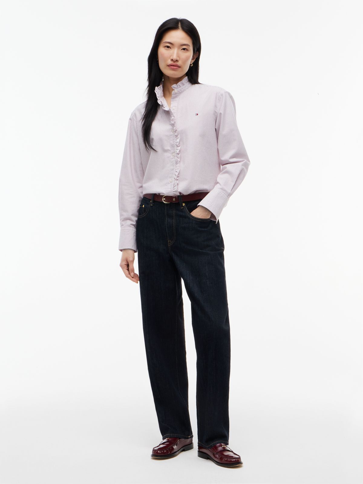 Ruffle Collar Yarn Dyed Oxford Shirt — White