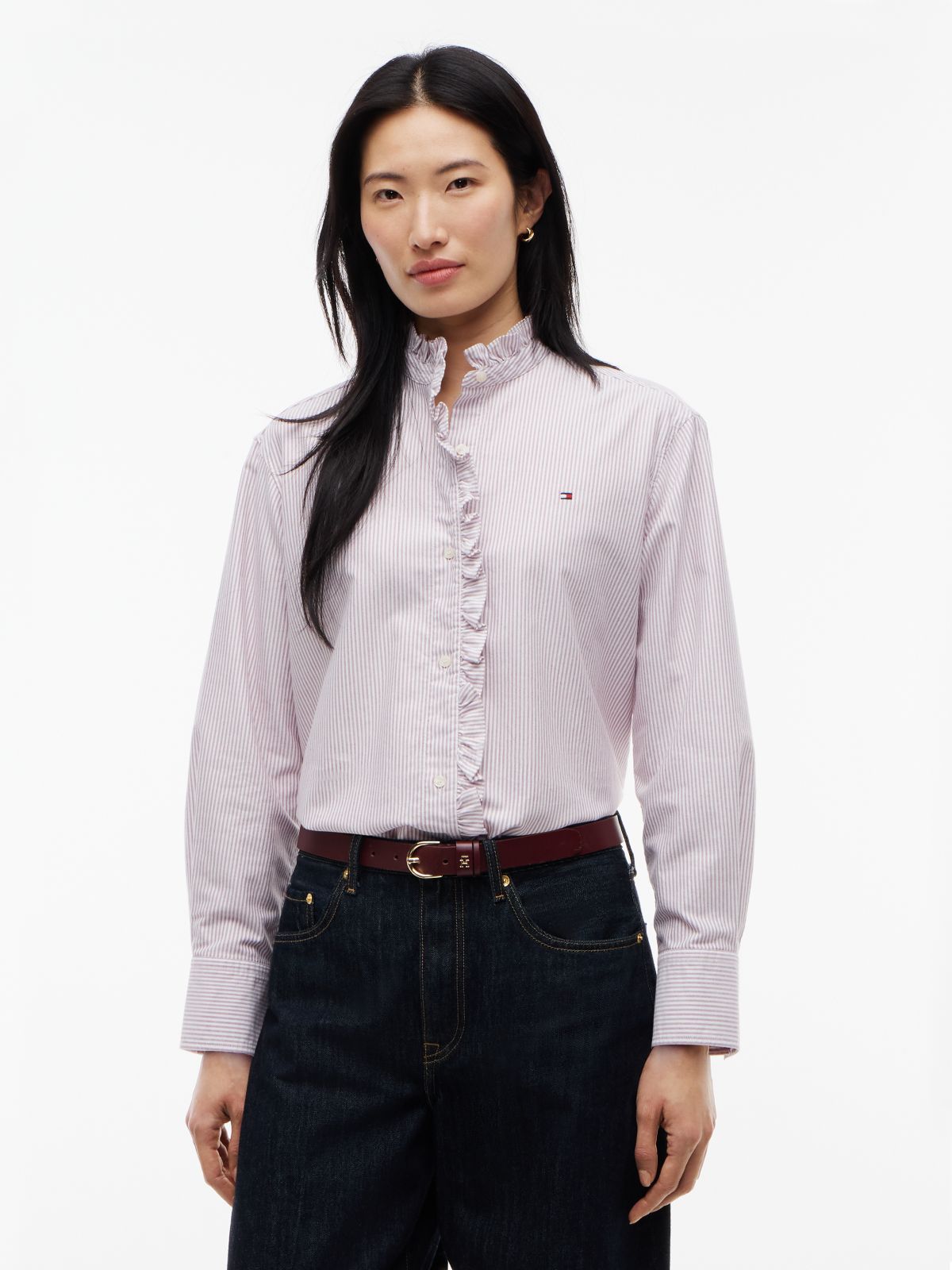 Ruffle Collar Yarn Dyed Oxford Shirt — White