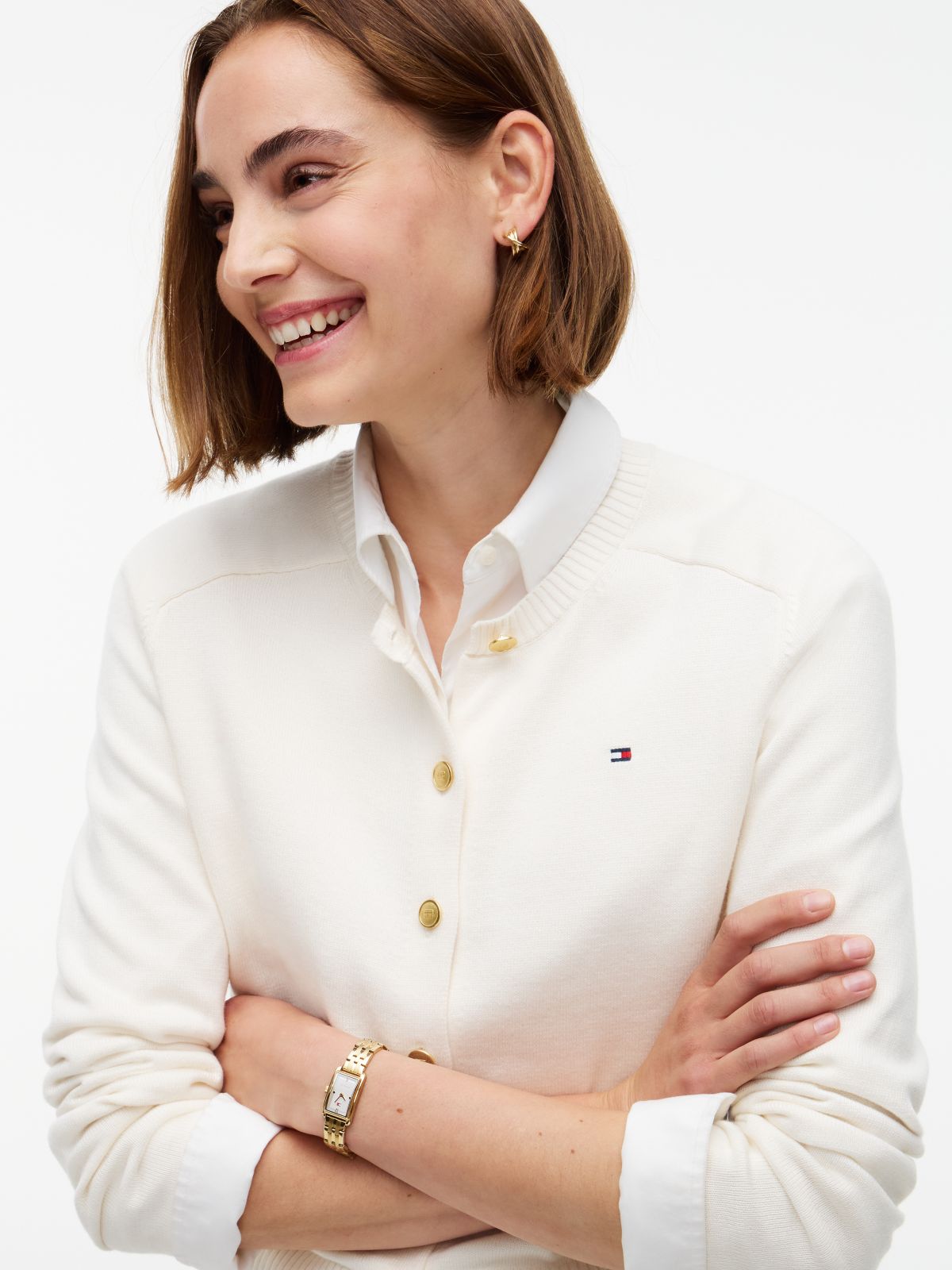 Slim Gold-Tone Button Jersey Cardigan — Yellow