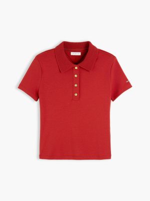 red slim fit gold-tone button polo shirt for women tommy hilfiger