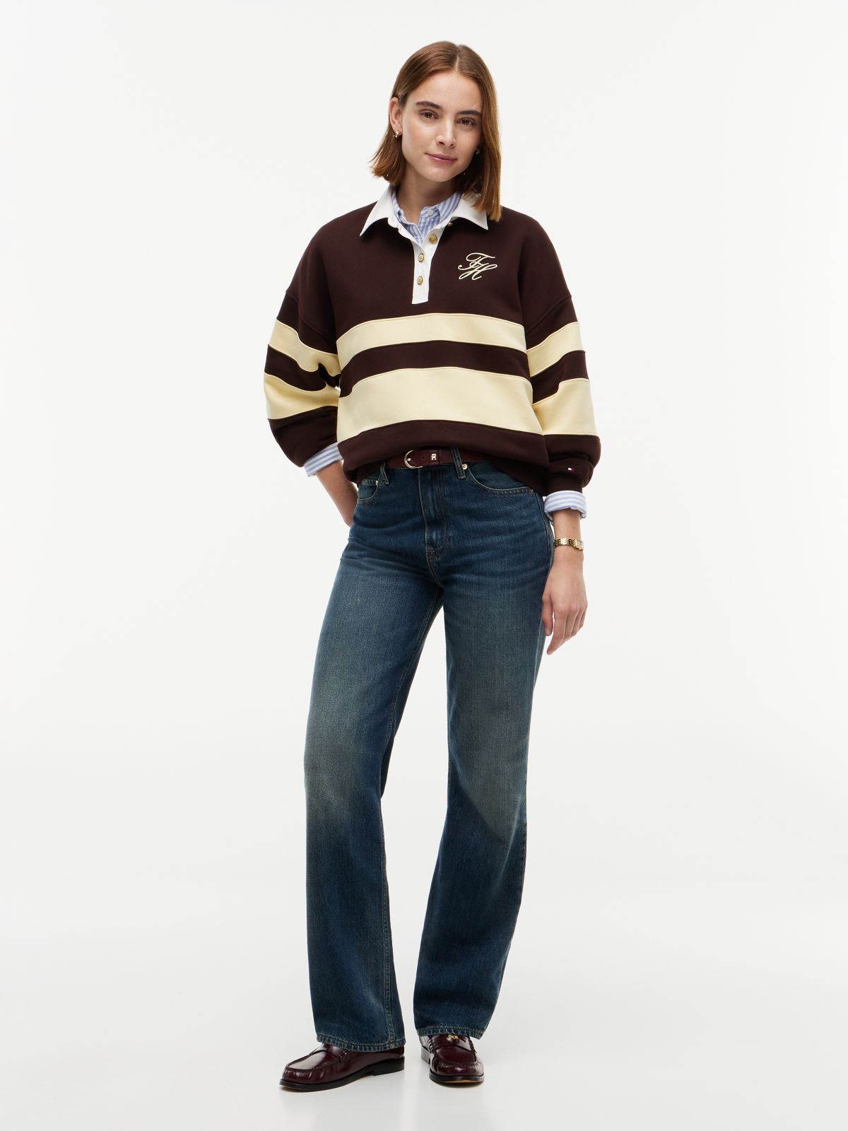 Gold-Tone Button Stripe Rugby Sweatshirt — Brown