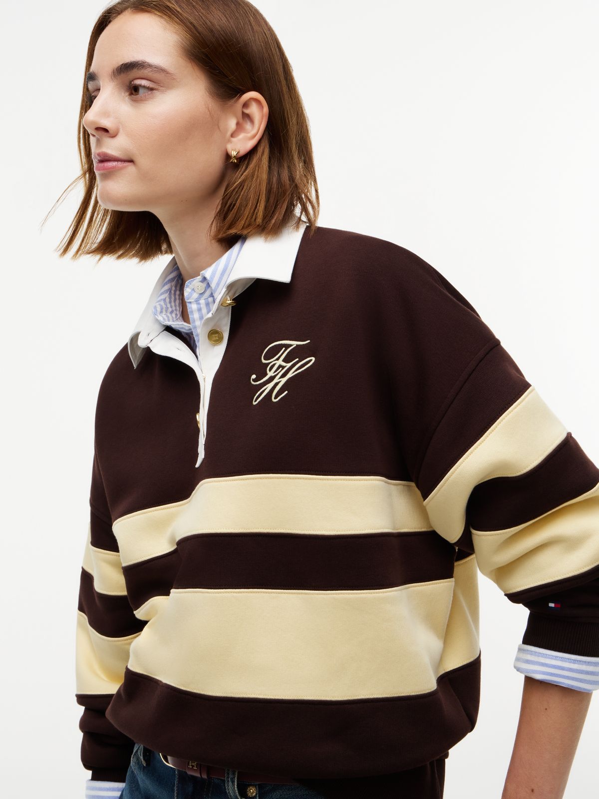 Gold-Tone Button Stripe Rugby Sweatshirt — Brown