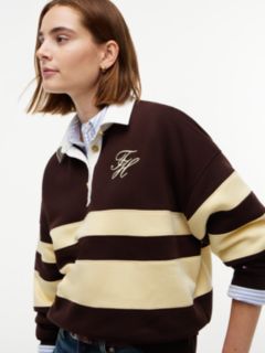 Gold-Tone Button Stripe Rugby Sweatshirt — Brown 3