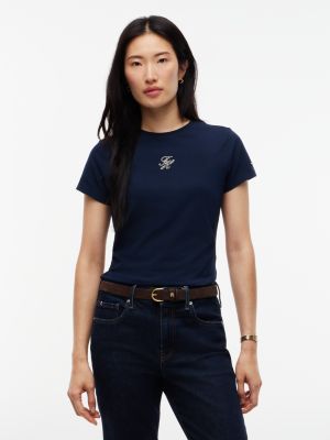 blue slim fit logo embroidery t-shirt for women tommy hilfiger