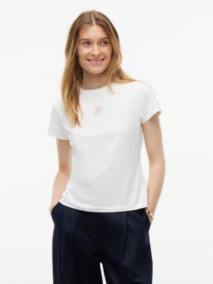 white slim fit logo embroidery t-shirt for women tommy hilfiger