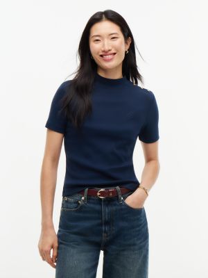 blue gold-tone button slim mock neck t-shirt for women tommy hilfiger