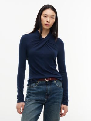 blue drape twist neck top with wool for women tommy hilfiger