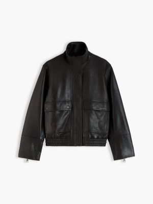 brown pebble grain leather bomber jacket for women tommy hilfiger