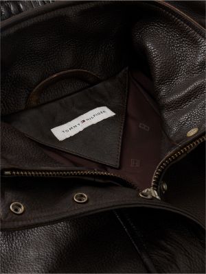 brown pebble grain leather bomber jacket for women tommy hilfiger