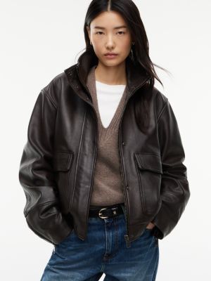 brown pebble grain leather bomber jacket for women tommy hilfiger