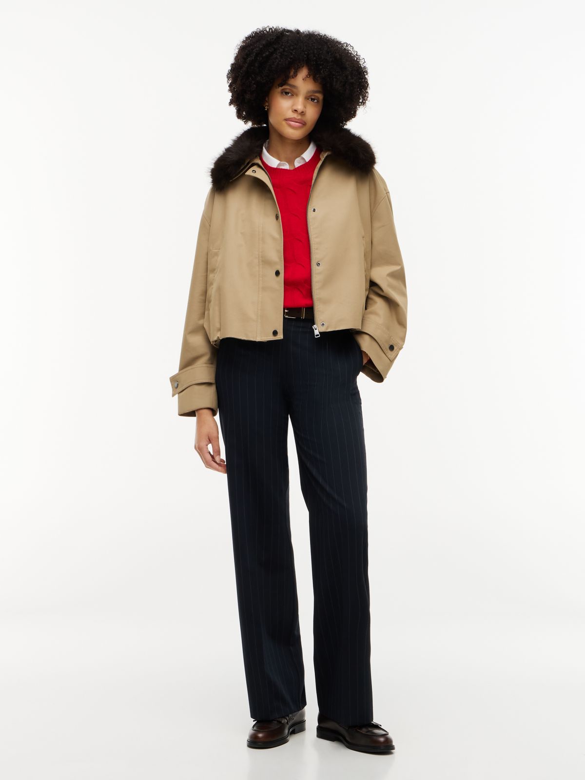 Faux Fur Collar Oversized Bomber Jacket — Beige