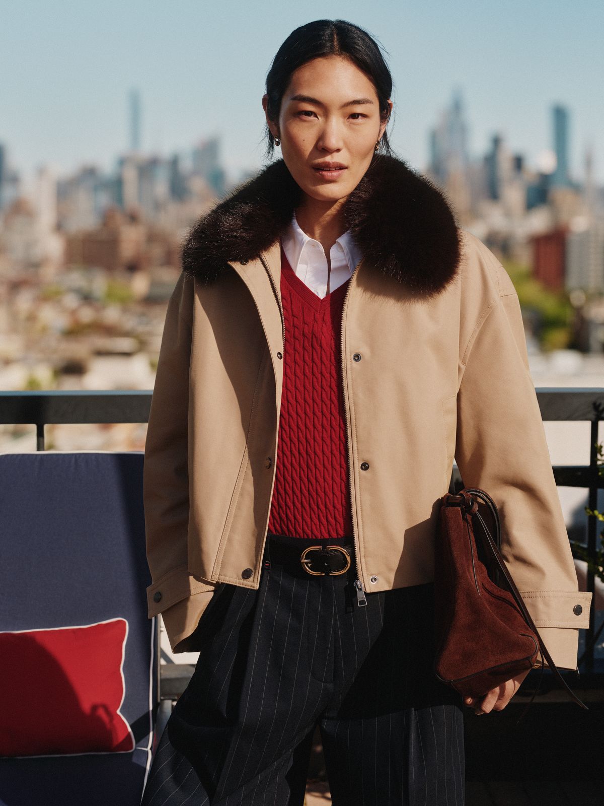 Faux Fur Collar Oversized Bomber Jacket — Beige