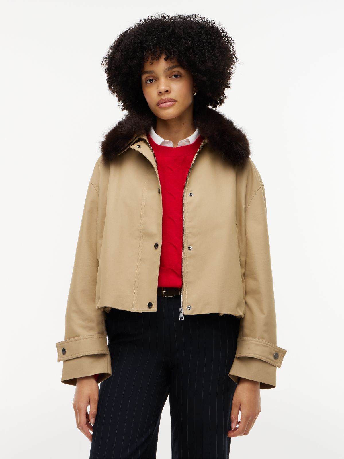 Faux Fur Collar Oversized Bomber Jacket — Beige