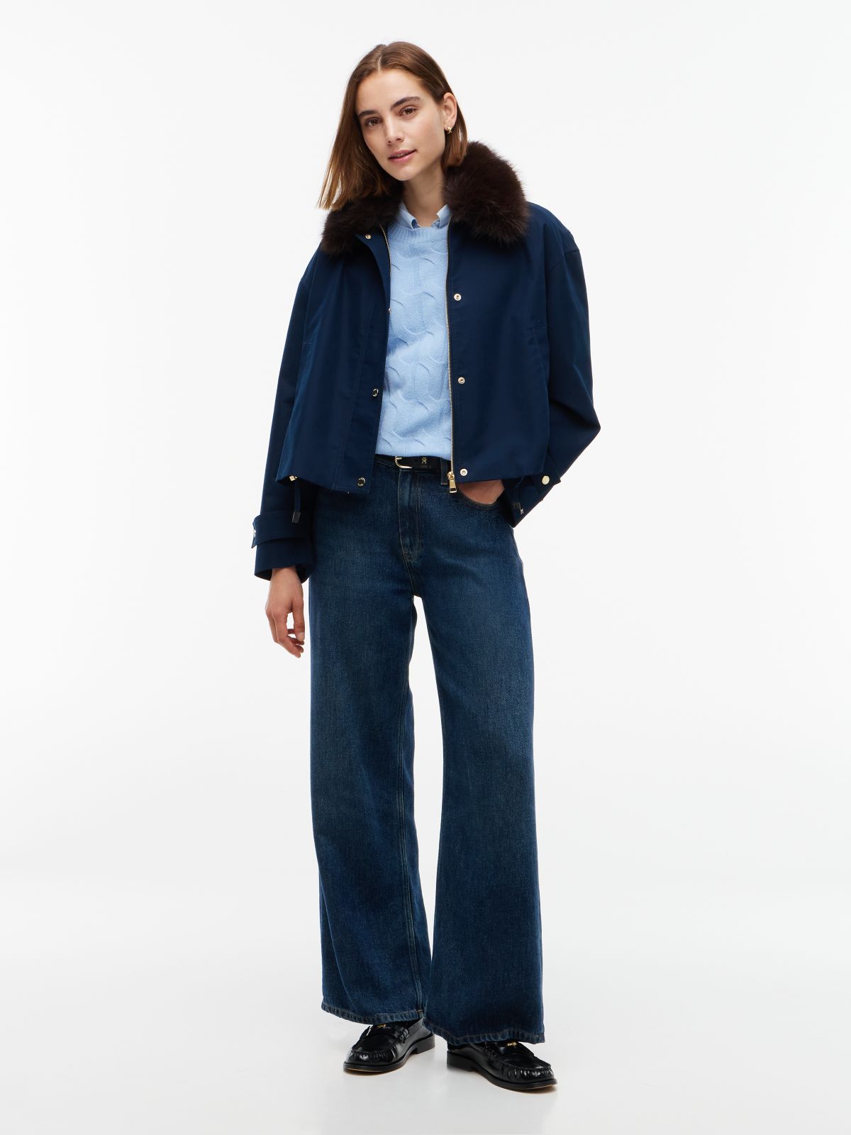Faux Fur Collar Oversized Bomber Jacket — Blue