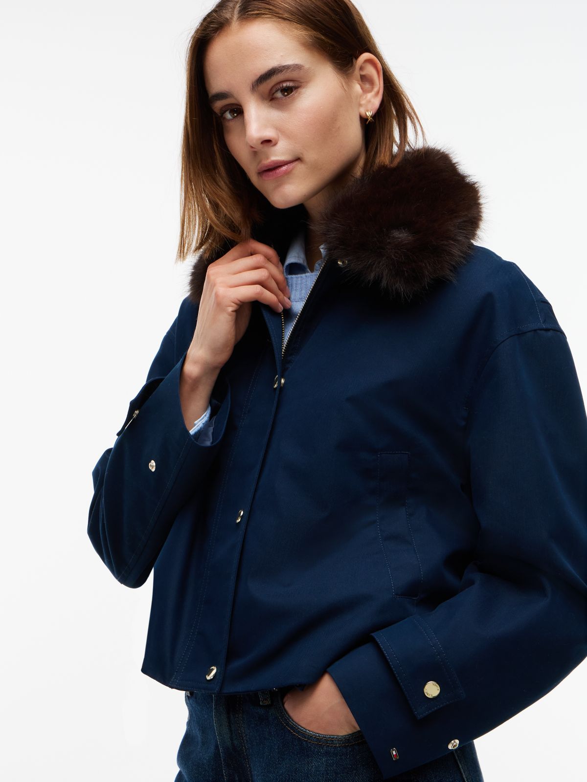 Faux Fur Collar Oversized Bomber Jacket — Blue