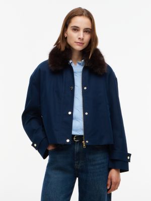 blue faux fur collar oversized bomber jacket for women tommy hilfiger