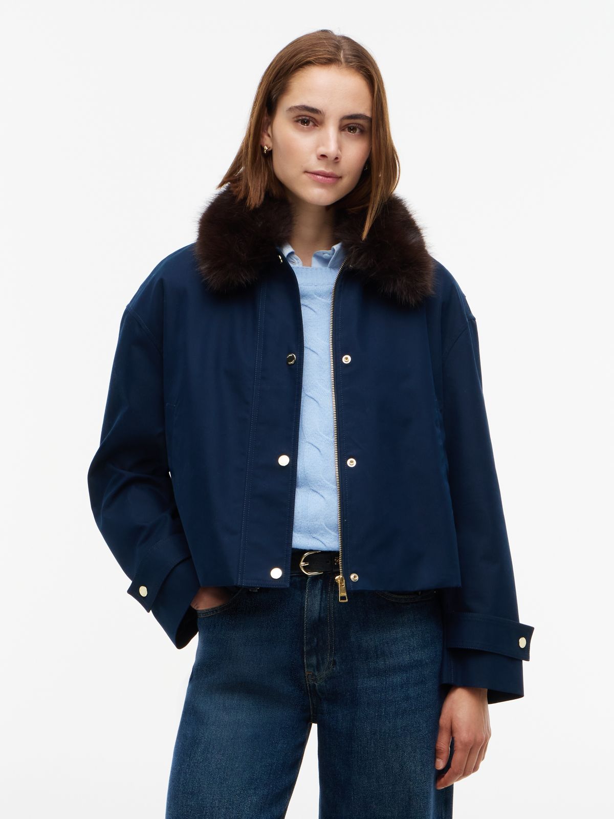 Faux Fur Collar Oversized Bomber Jacket — Blue