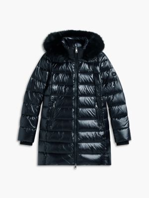 black shiny down faux fur hooded slim coat for women tommy hilfiger