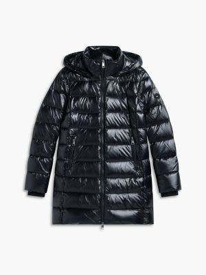 black shiny down faux fur hooded slim coat for women tommy hilfiger