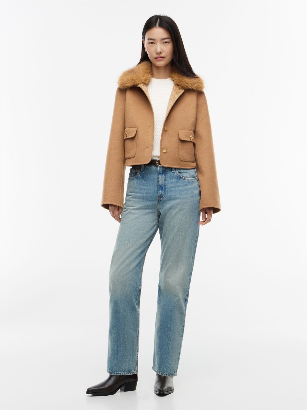 Faux Fur Collar Wool Blend Jacket — Brown