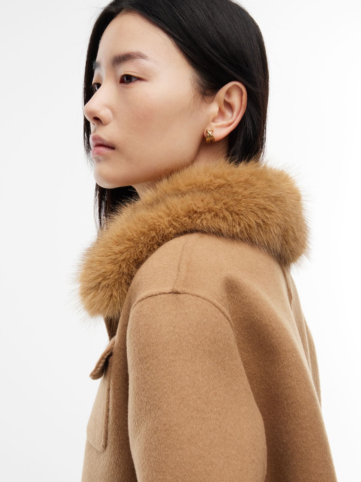 Faux Fur Collar Wool Blend Jacket — Brown