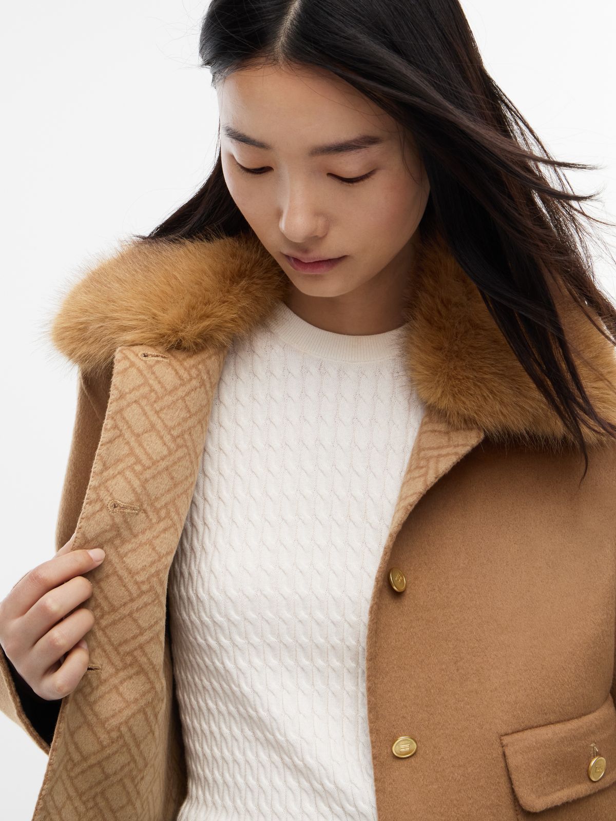 Faux Fur Collar Wool Blend Jacket — Brown
