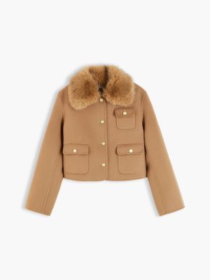 veste en laine mélangée à col fausse fourrure marron pour femmes tommy hilfiger