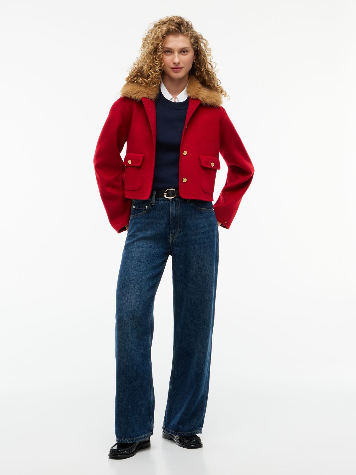 Faux Fur Collar Wool Blend Jacket — Red