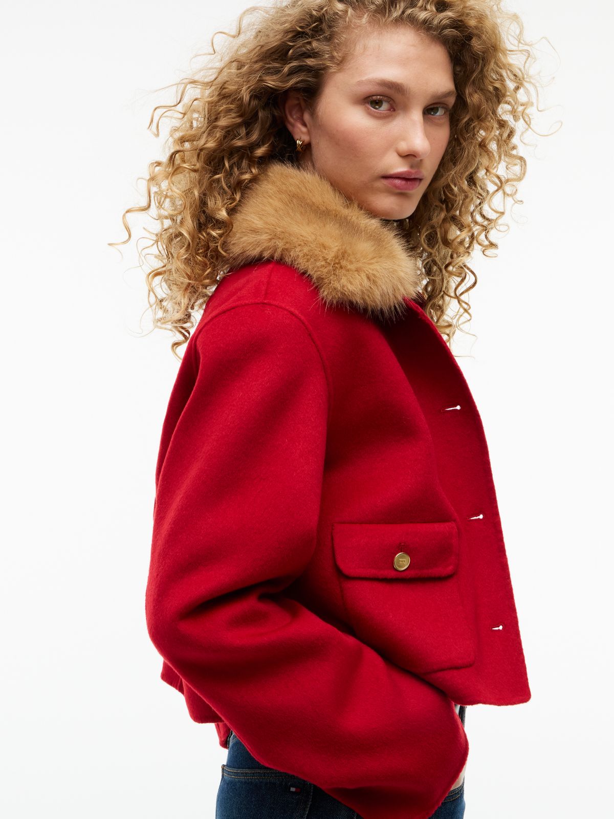 Faux Fur Collar Wool Blend Jacket — Red
