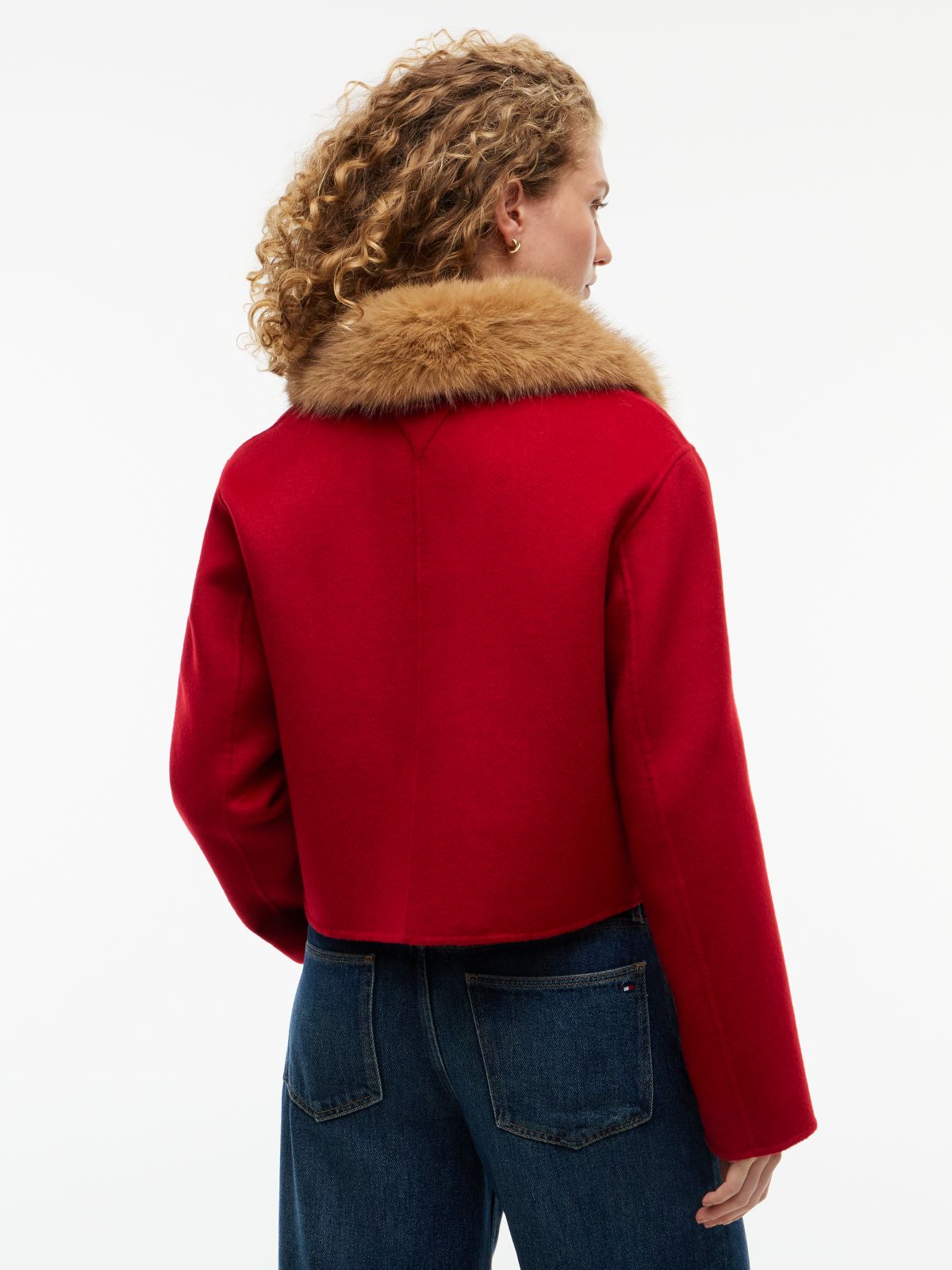 Faux Fur Collar Wool Blend Jacket — Red