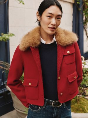 veste en laine mélangée à col fausse fourrure rouge pour femmes tommy hilfiger