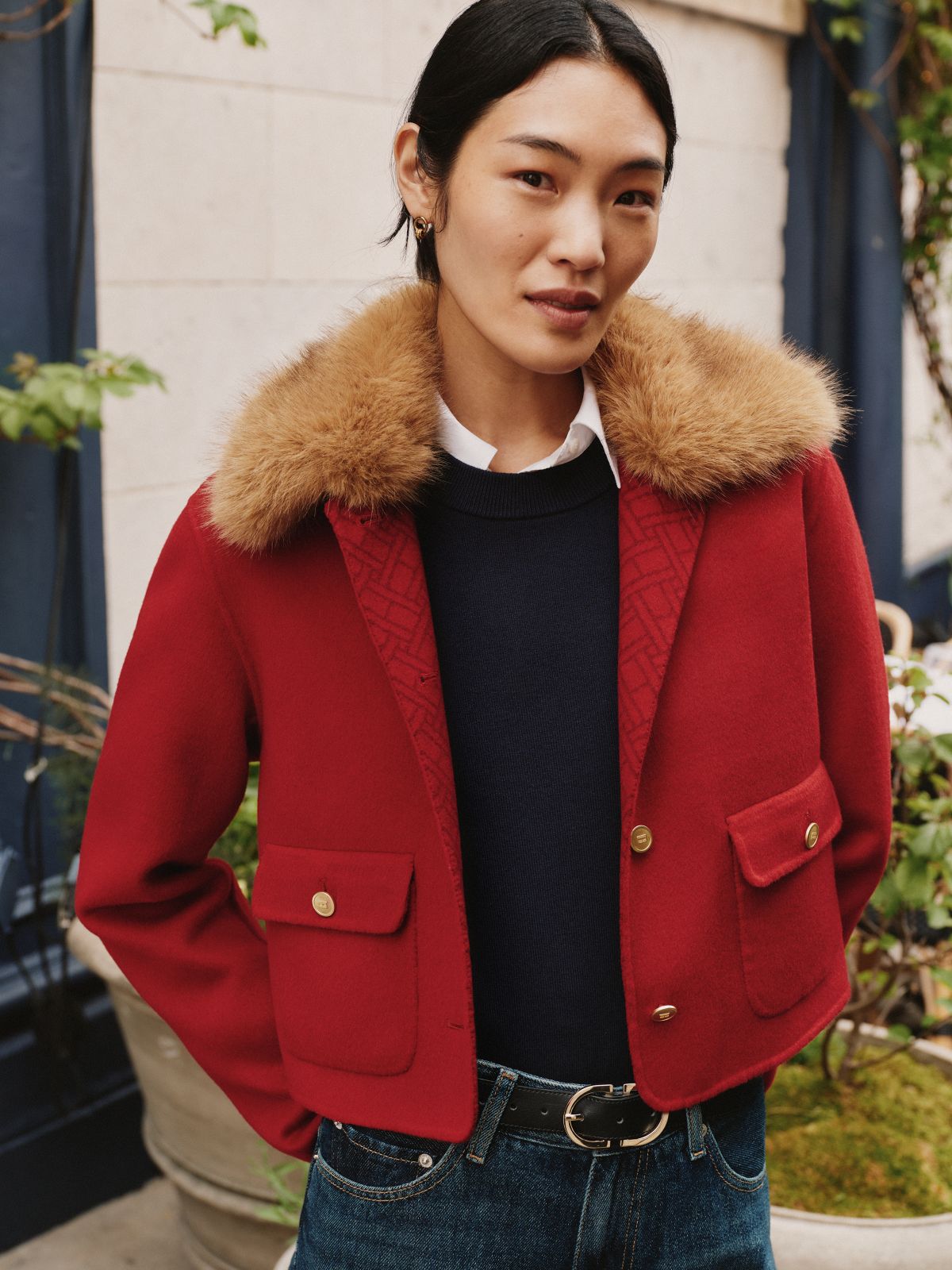 Faux Fur Collar Wool Blend Jacket — Red