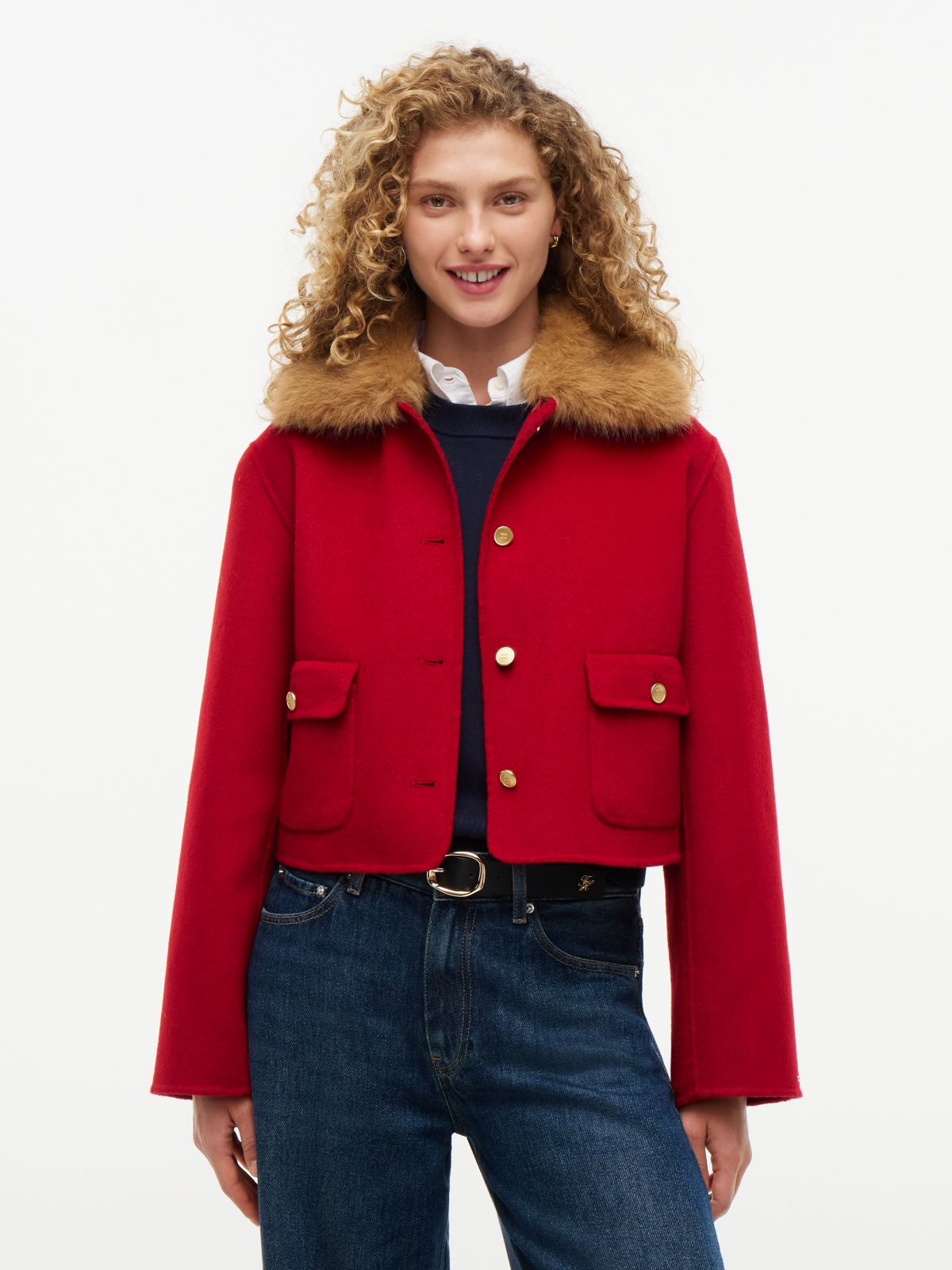Faux Fur Collar Wool Blend Jacket — Red