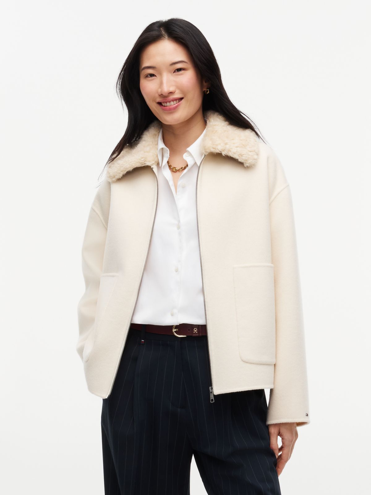 Double-Faced Wool Blend Relaxed Jacket — Beige