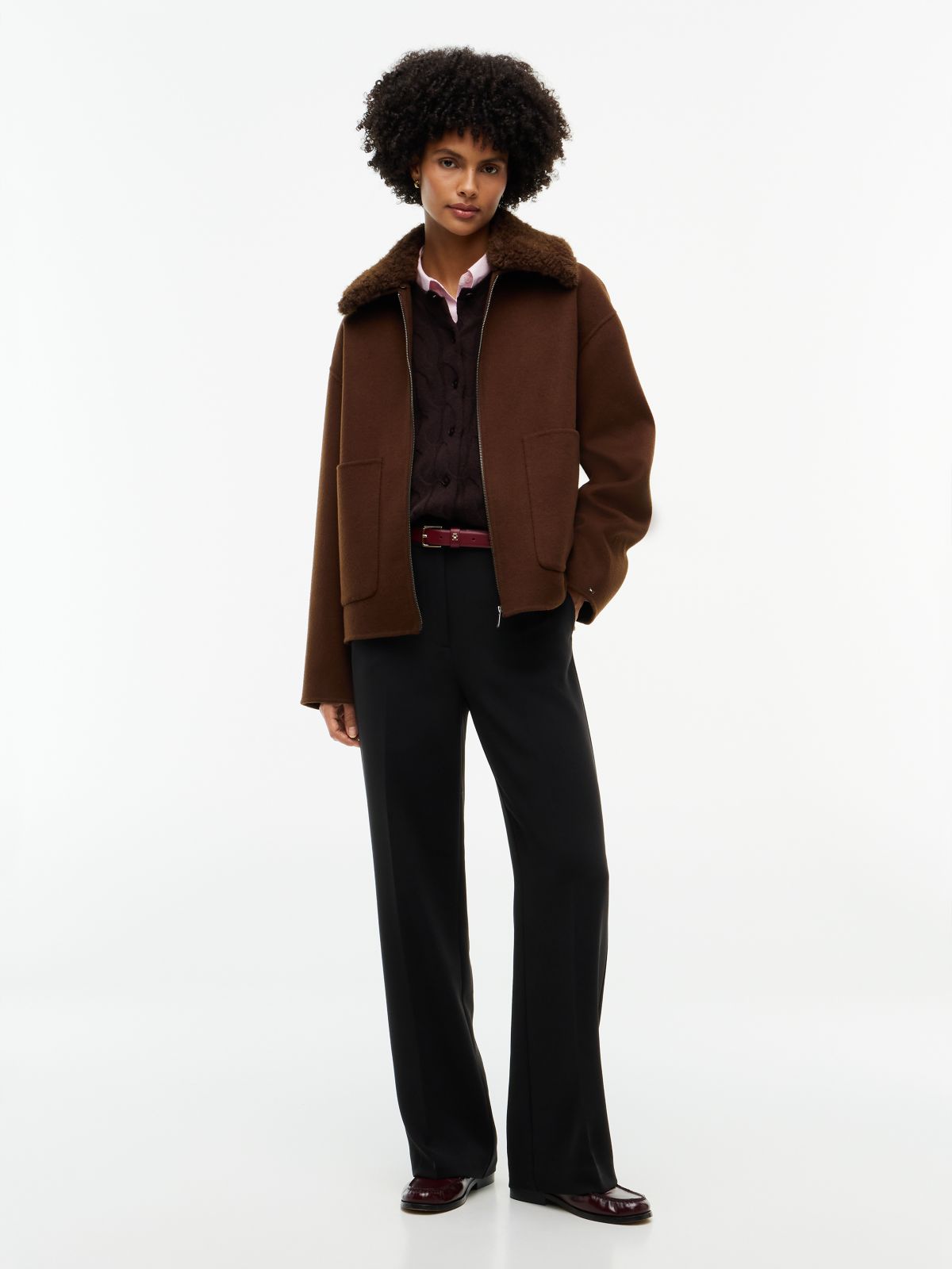 Double-Faced Wool Blend Relaxed Jacket — Brown
