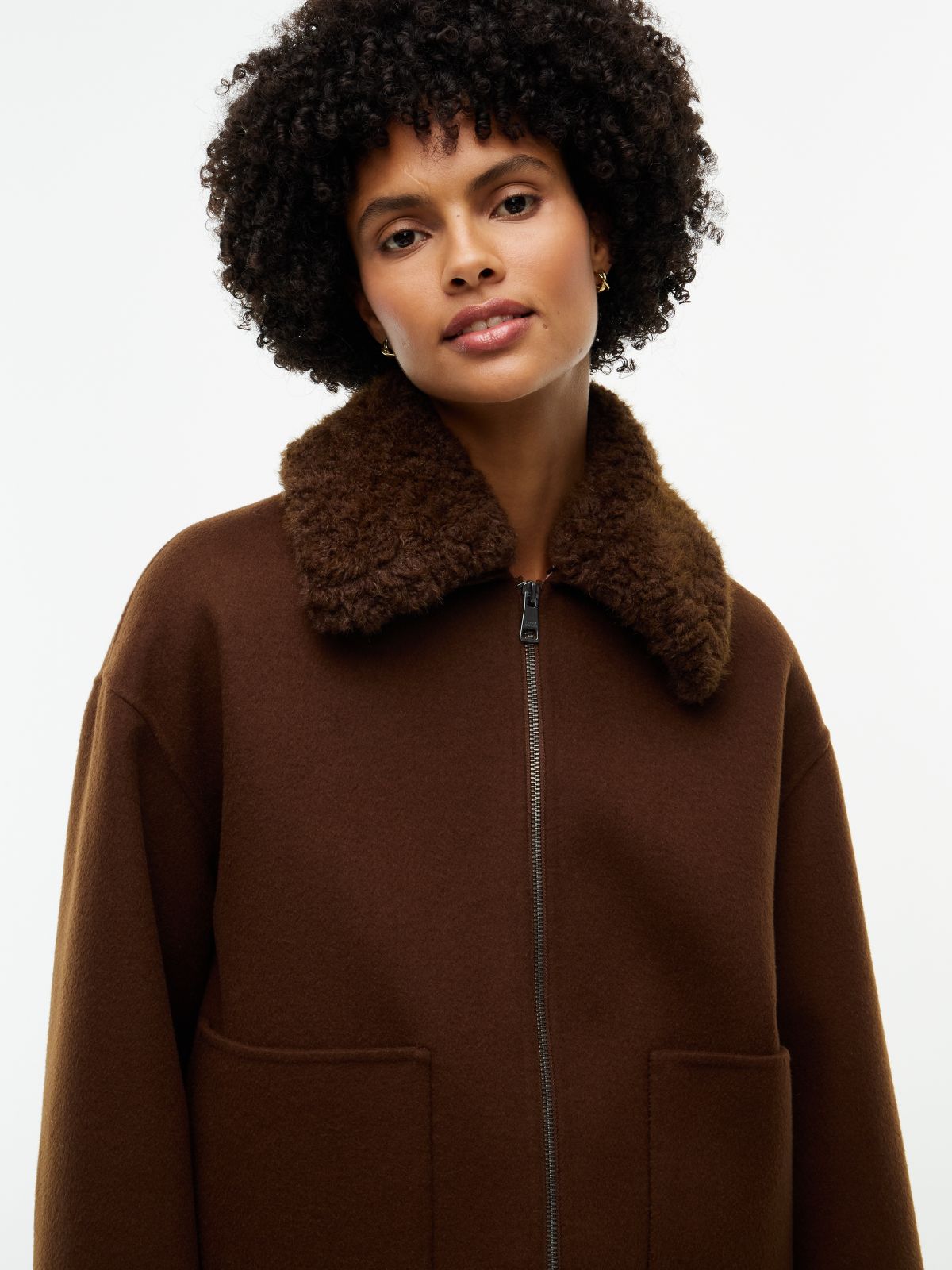 Double-Faced Wool Blend Relaxed Jacket — Brown